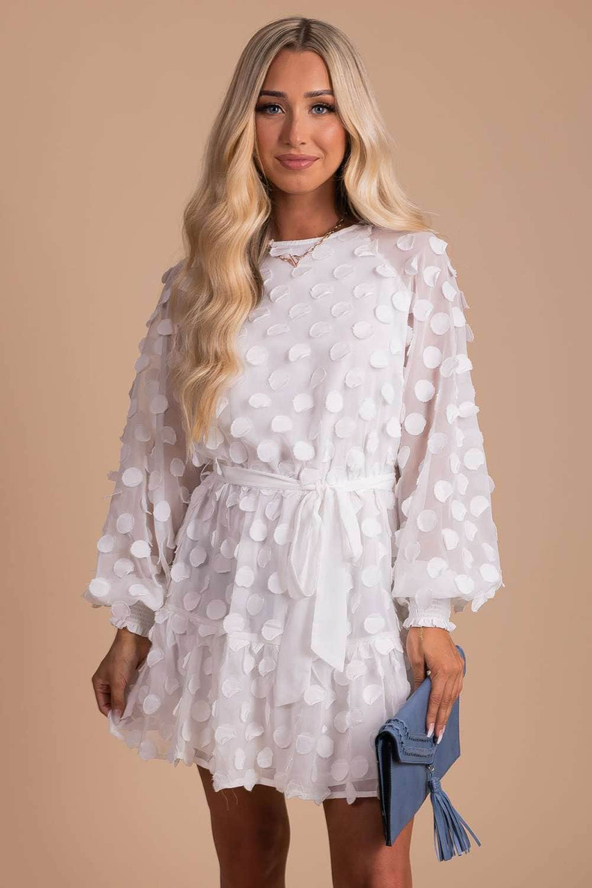 White Textured Dot Bubble Sleeve Tie Waist Mini Dress White Textured Dot Bubble Sleeve Tie Waist Mini Dress