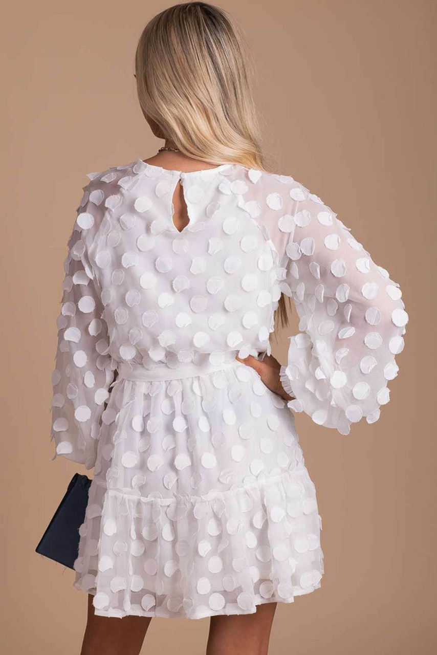 White Textured Dot Bubble Sleeve Tie Waist Mini Dress