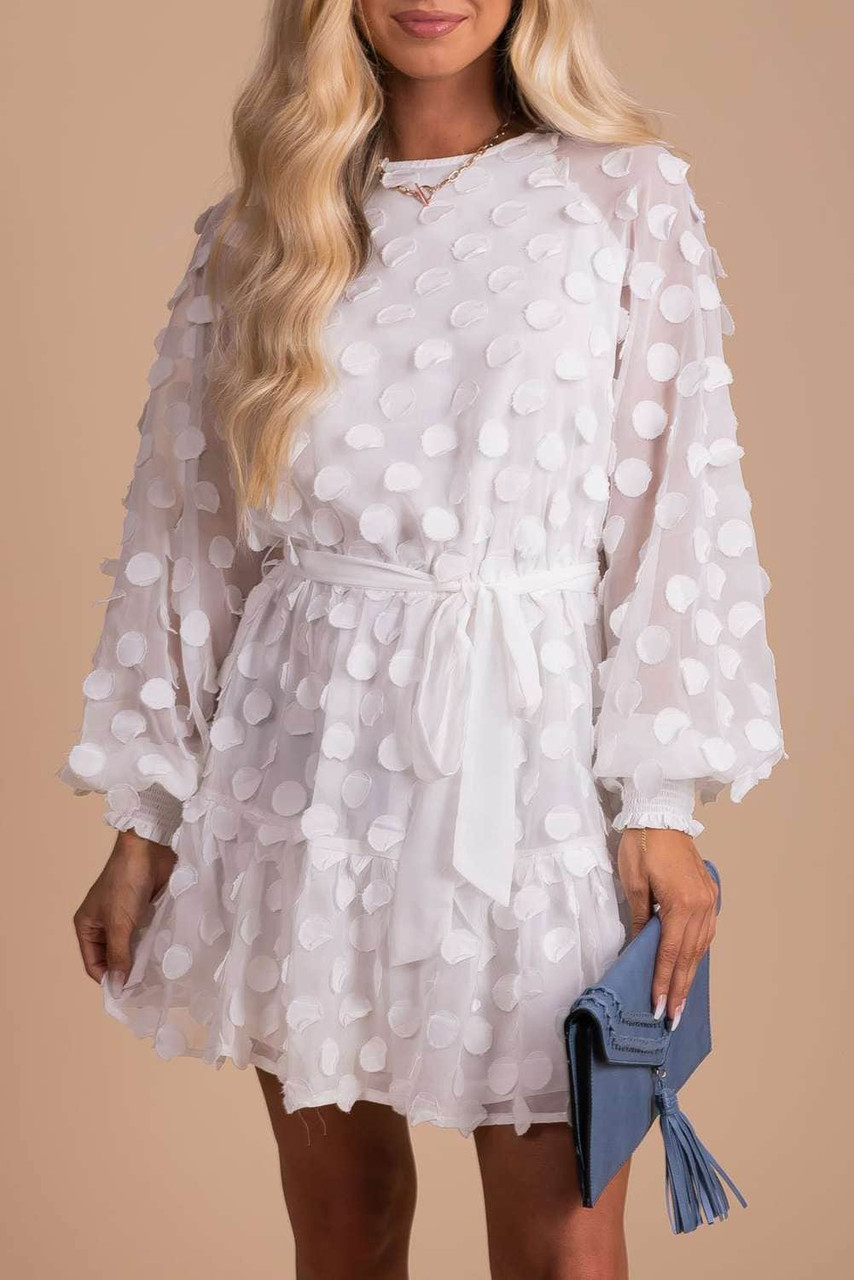 White Textured Dot Bubble Sleeve Tie Waist Mini Dress