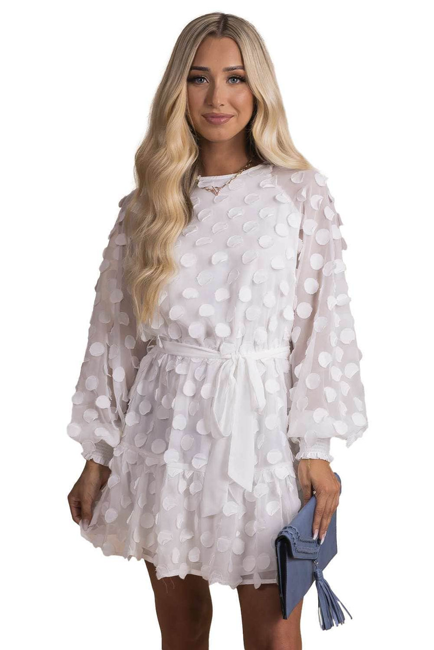 White Textured Dot Bubble Sleeve Tie Waist Mini Dress White Textured Dot Bubble Sleeve Tie Waist Mini Dress