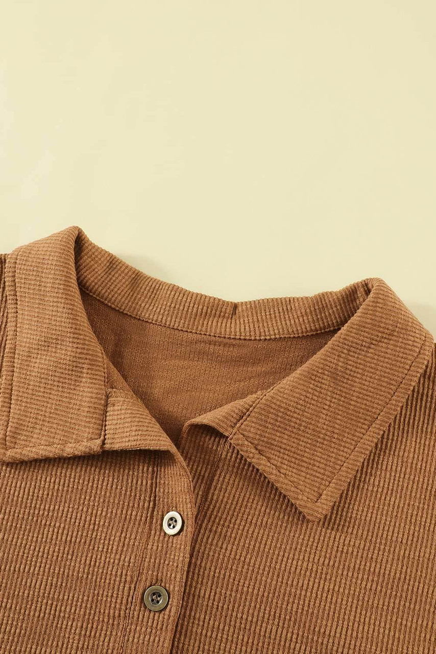 Brown Button Front Turn-down Neck Knit Top