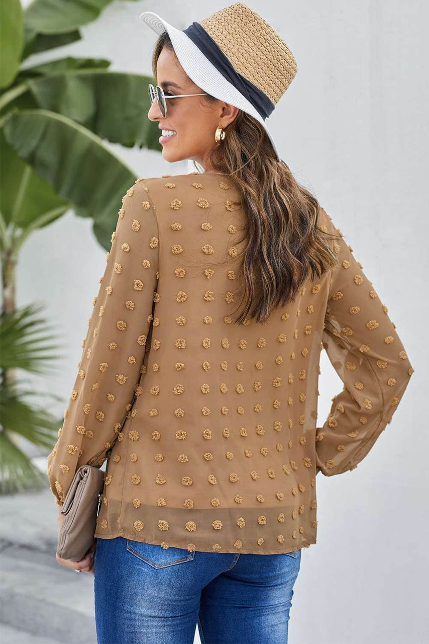 Brown Swiss Dot Long Puff Sleeve Top