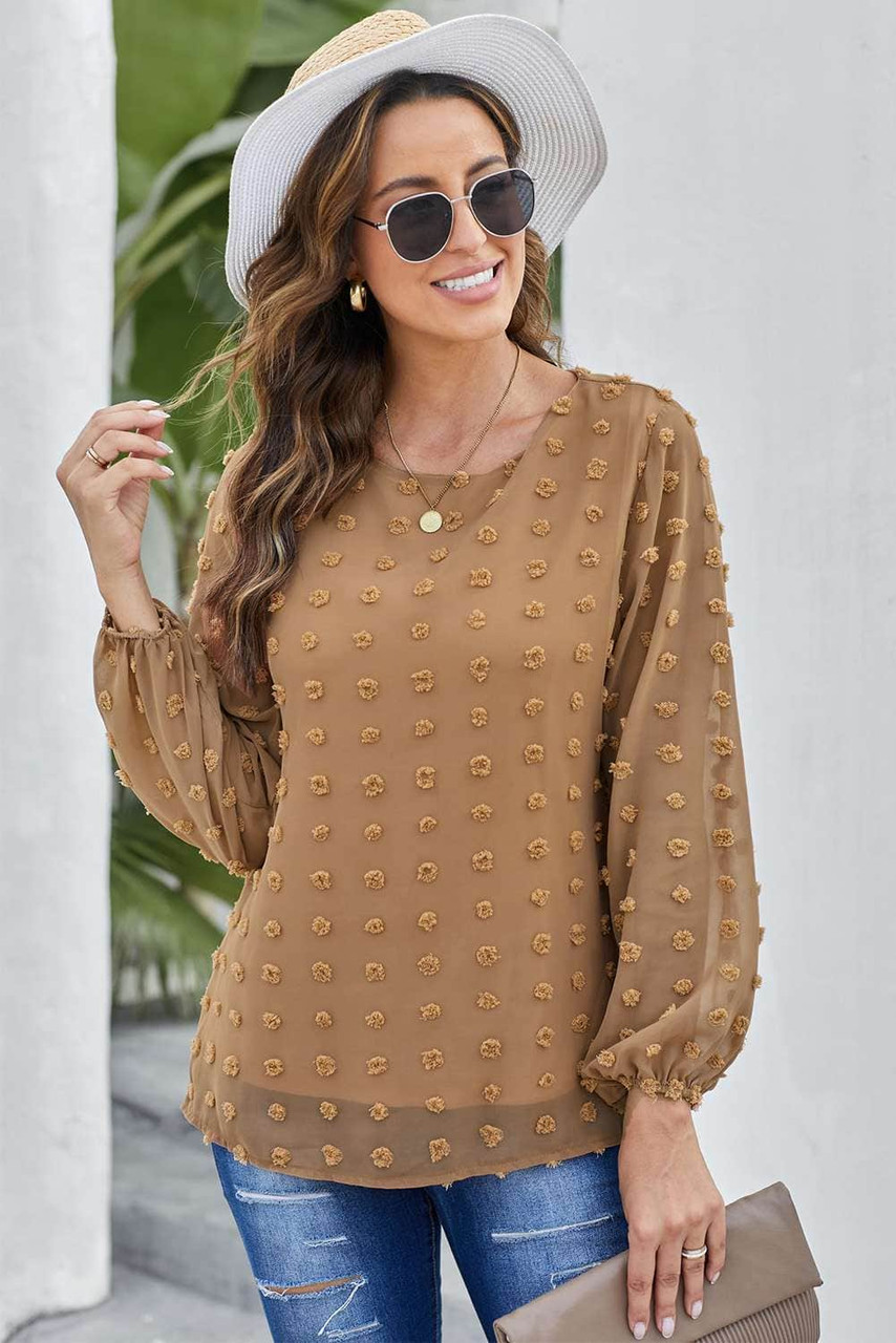 Brown Swiss Dot Long Puff Sleeve Top