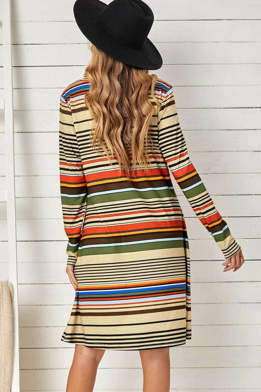 Striped Turtleneck Long Sleeve Shirt Mini Dress with Pocket