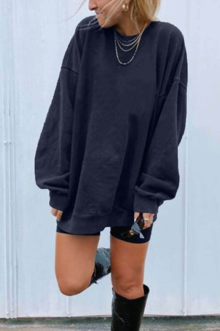 Dark Blue Oversized Solid Drop Shoulder Sweatshirt