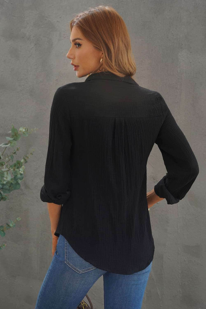 Black Ruffles Crinkled Long Sleeve Shirt