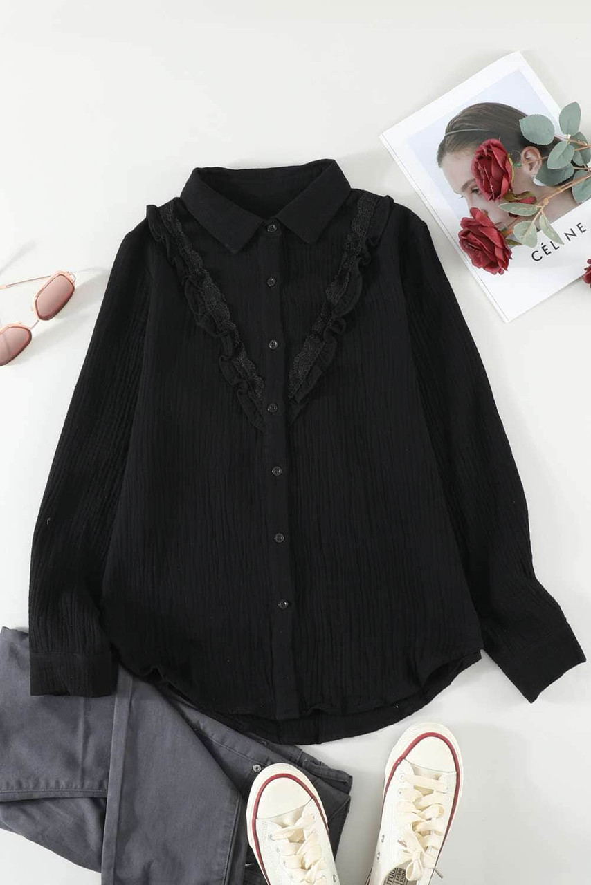 Black Ruffles Crinkled Long Sleeve Shirt