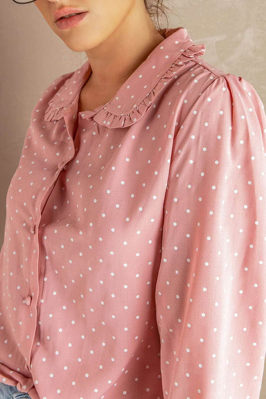 Pink Polka Dot Ruffled Buttoned Long Sleeve Shirt