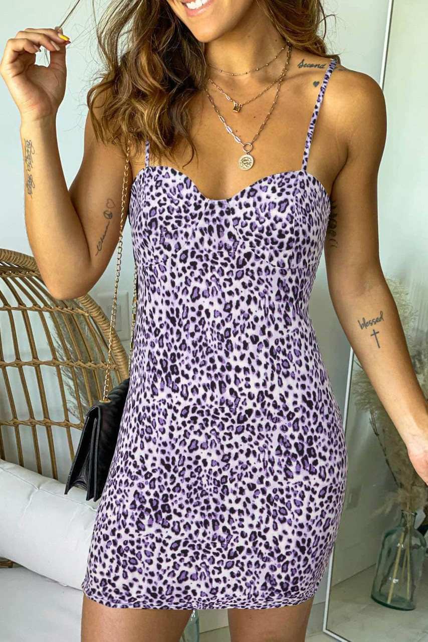 Purple Leopard Print Spaghetti Strap Bodycon Mini Dress