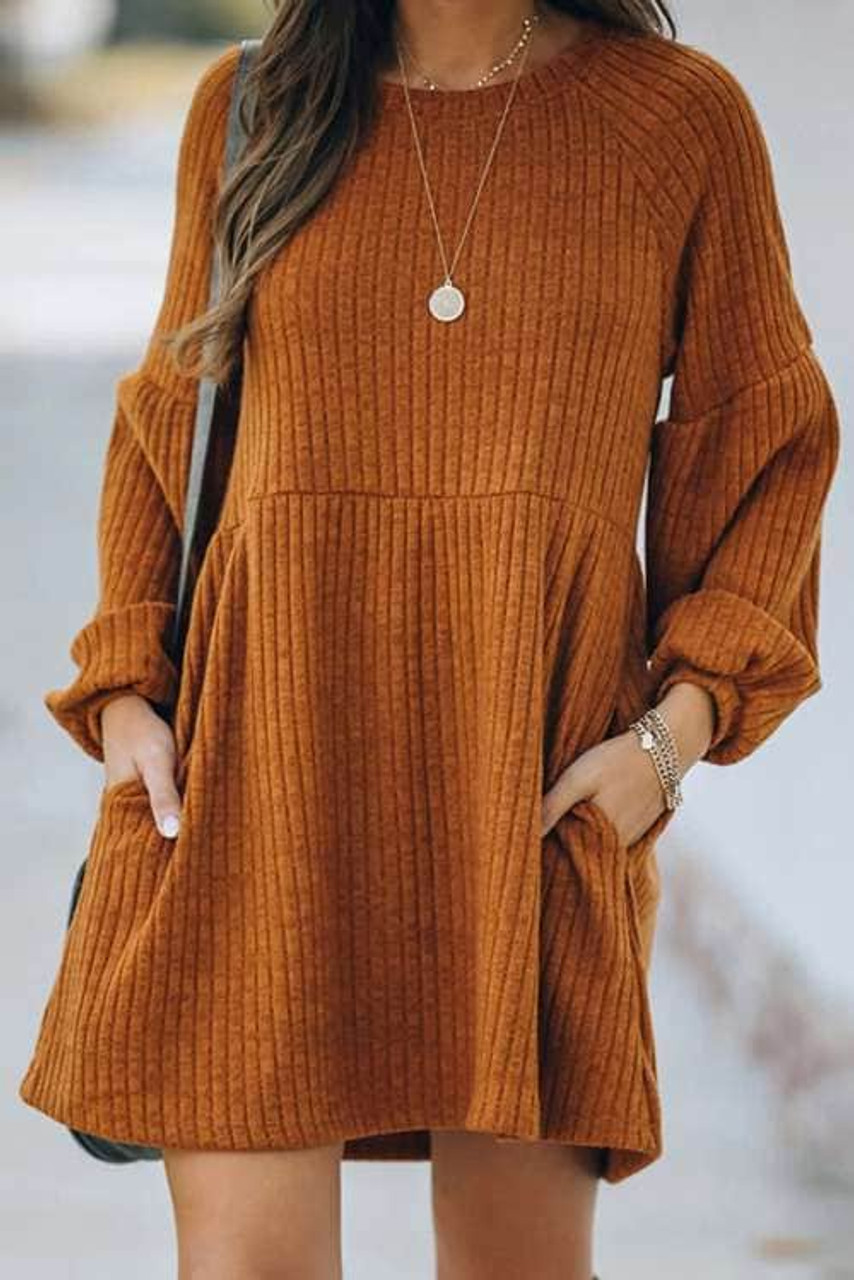 Round Neck Empire Waist Ribbed Knit Dress