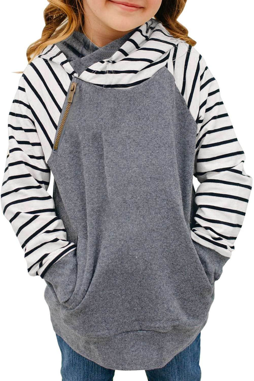 Gray Stripes Splicing Diagonal Zipper Children's Hoodie