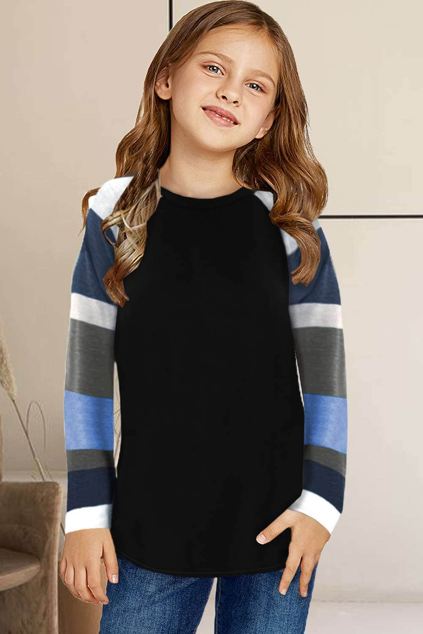 Black Striped Color Block Girl’s Long Sleeve Top