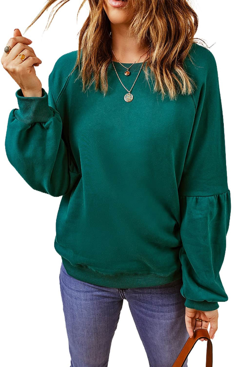 Green Raglan Patchwork Sleeve Pullover Sweatshirt