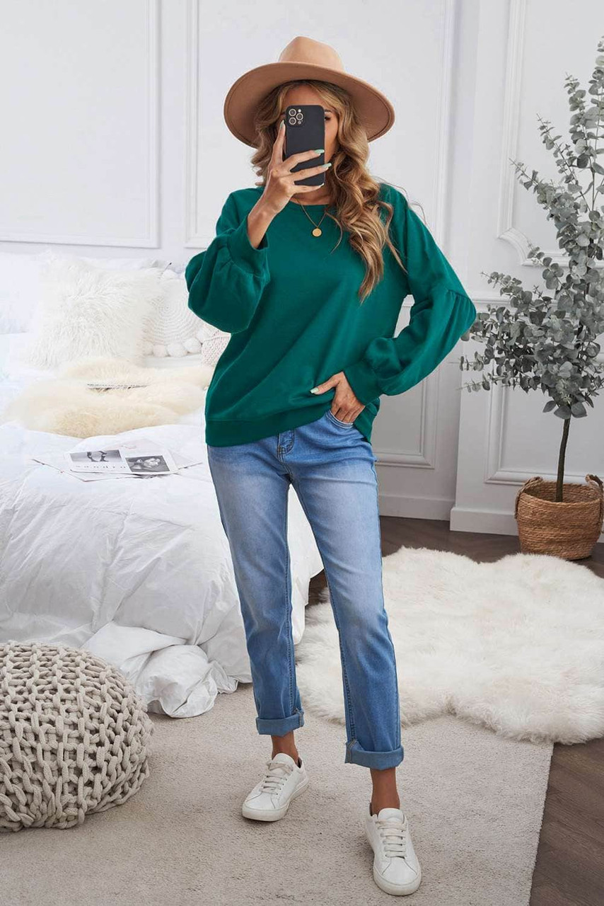 Green Raglan Patchwork Sleeve Pullover Sweatshirt