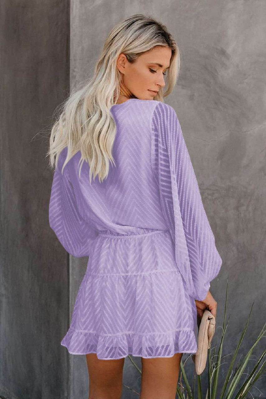 Purple Waved Stripes Textured Balloon Sleeve Tiered Dress