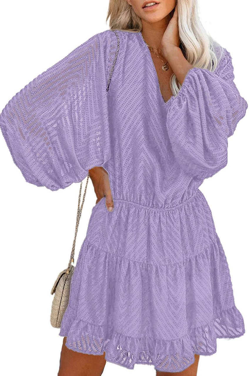 Purple Waved Stripes Textured Balloon Sleeve Tiered Dress