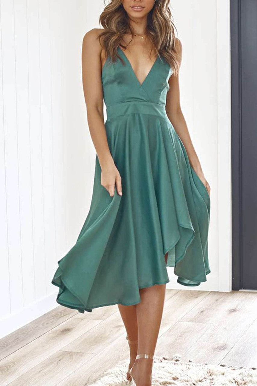 Green Sleeveless Open Back Tie Knot Ruffed Midi Dress