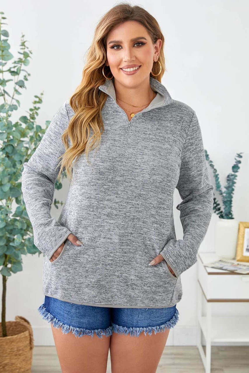 Gray Heathered Turn-down Zip Collar Plus Size Sweatshirt