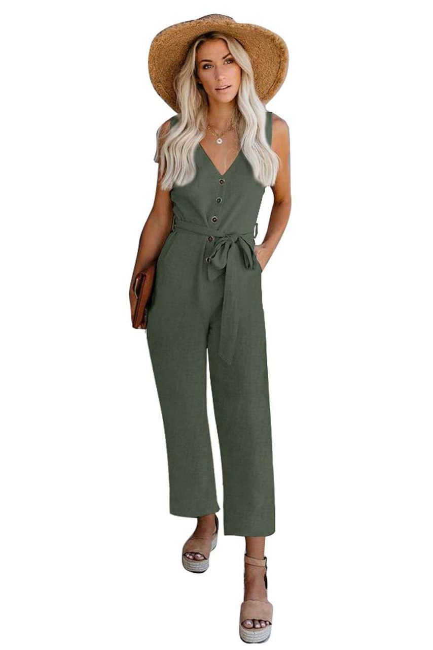 Green V Neck Button Belted Jumpsuit with Pockets