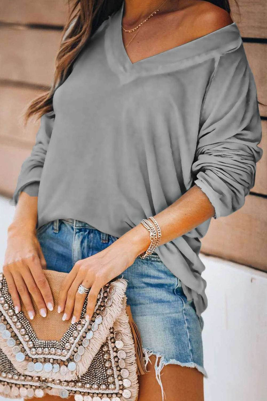 Gray V Neck Casual Long Sleeve Top