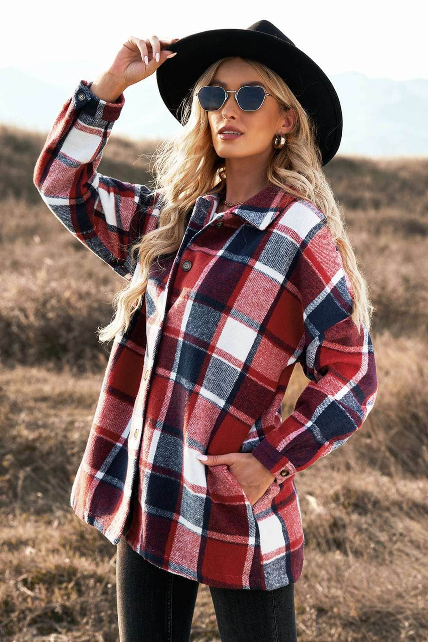 Red Plaid Print Buttoned Shirt Jacket