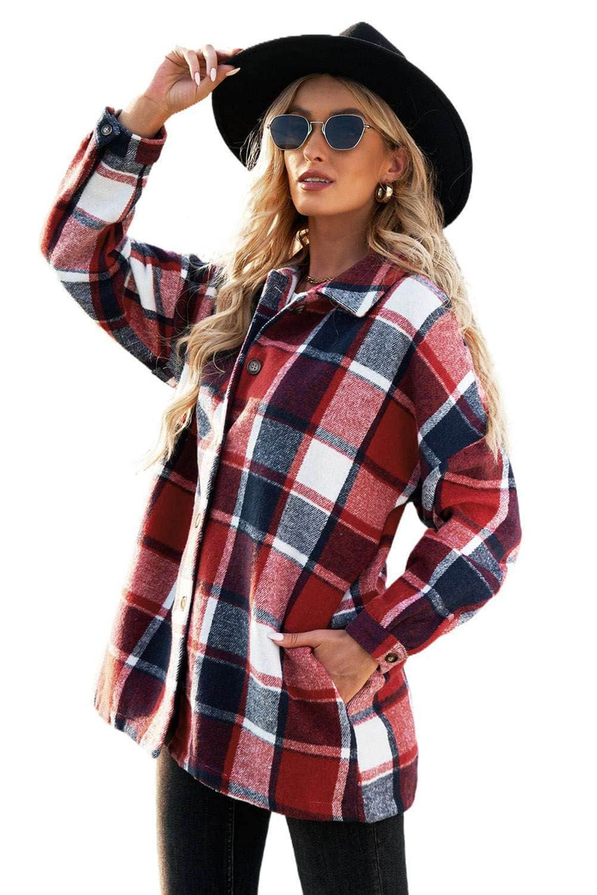 Red Plaid Print Buttoned Shirt Jacket