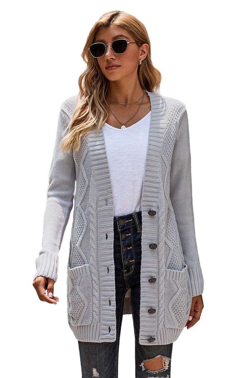 Gray Front Pocket and Buttons Closure Cardigan