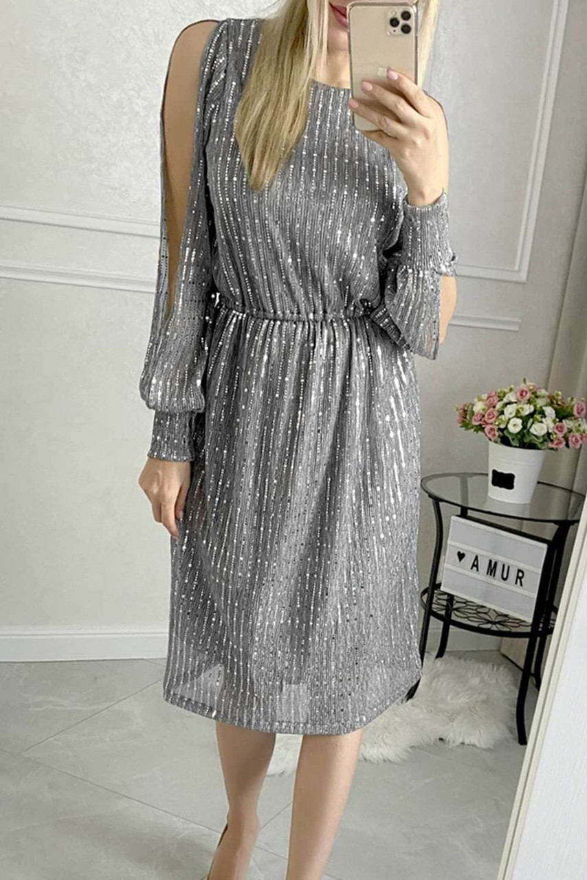 Gray Sequin Split Sleeve Midi Dress