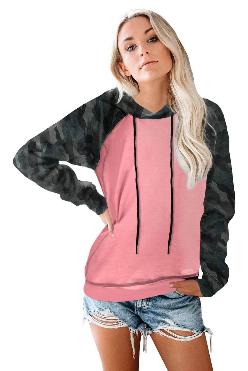 Pink Camo Sleeve Patchwork Pullover Women Hoodie