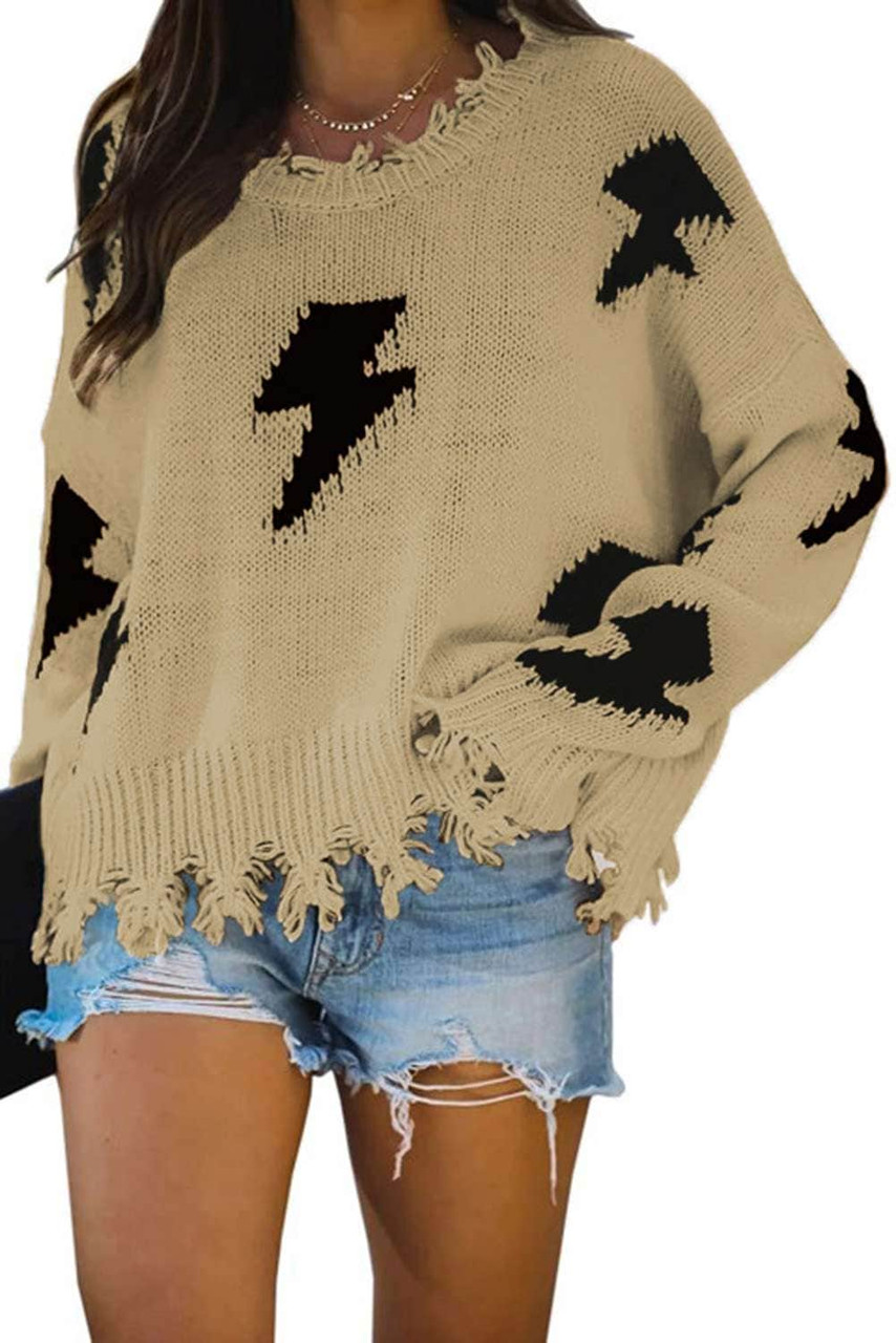 Khaki Distressed Knit Bolt Sweater