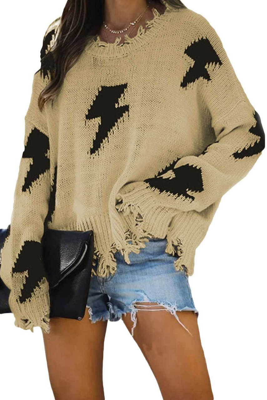 Khaki Distressed Knit Bolt Sweater