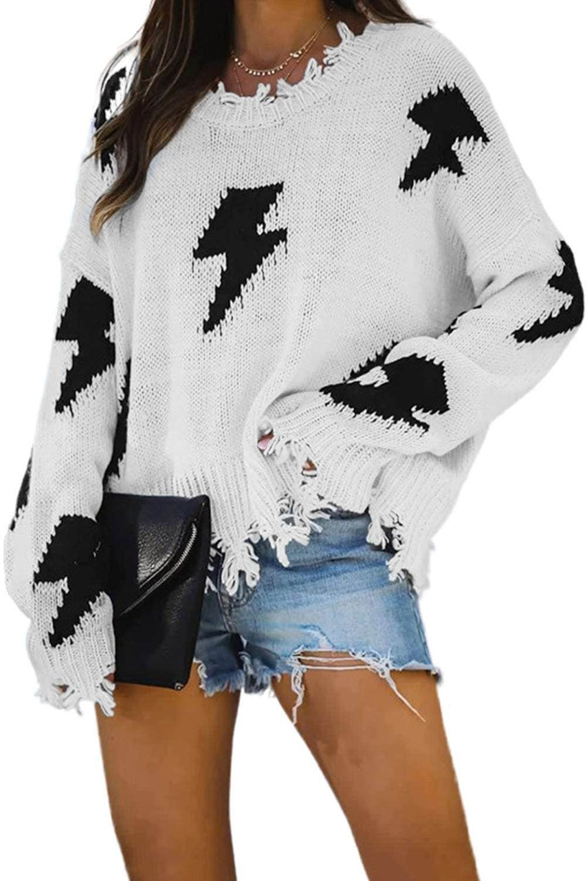 White Distressed Knit Bolt Sweater