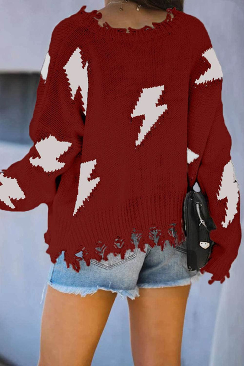 Red Distressed Knit Bolt Sweater
