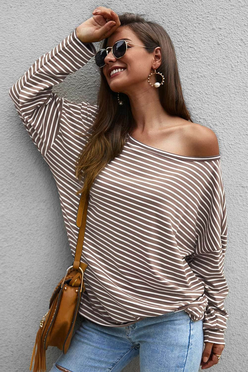 Khaki Boat Neck Drop Shoulder Striped Oversized Top