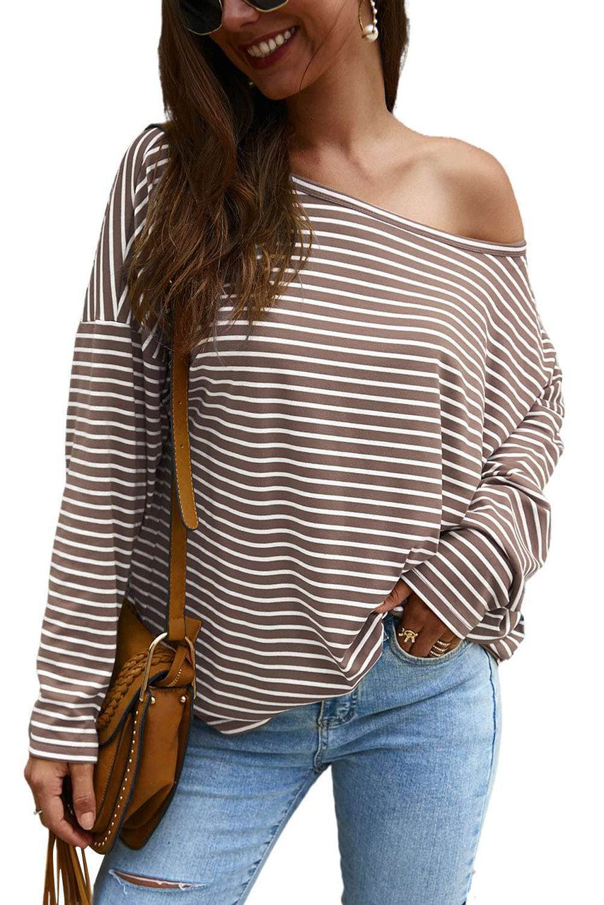 Khaki Boat Neck Drop Shoulder Striped Oversized Top