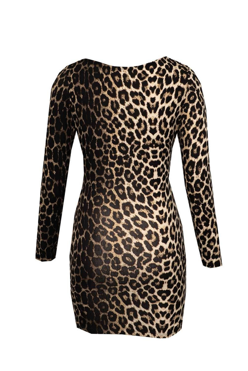 Leopard Off Shoulder Long Sleeve Bodycon Mini Dress