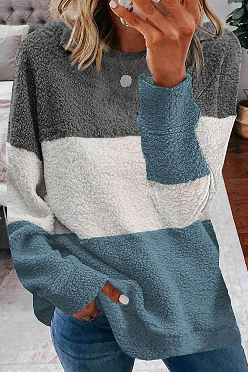 Gray Oversized Colorblock Plush Sweatshirt