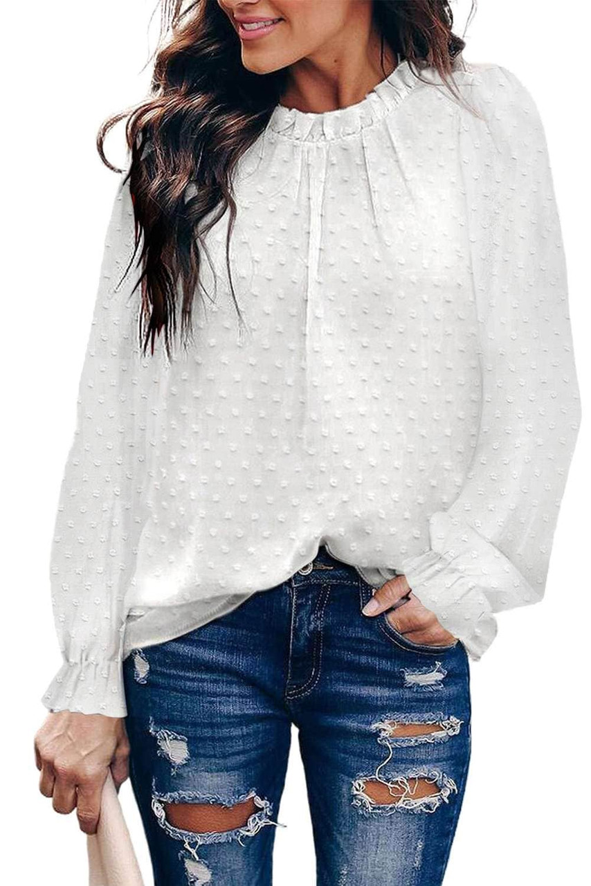 White Ruffled Crewneck Swiss Dot Bubble Sleeve Blouse