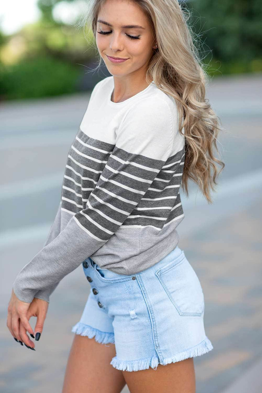 Gray Striped Colorblock Sweater