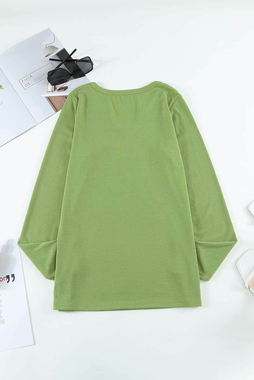 Green Split Round Neck Ribbed Knit Top