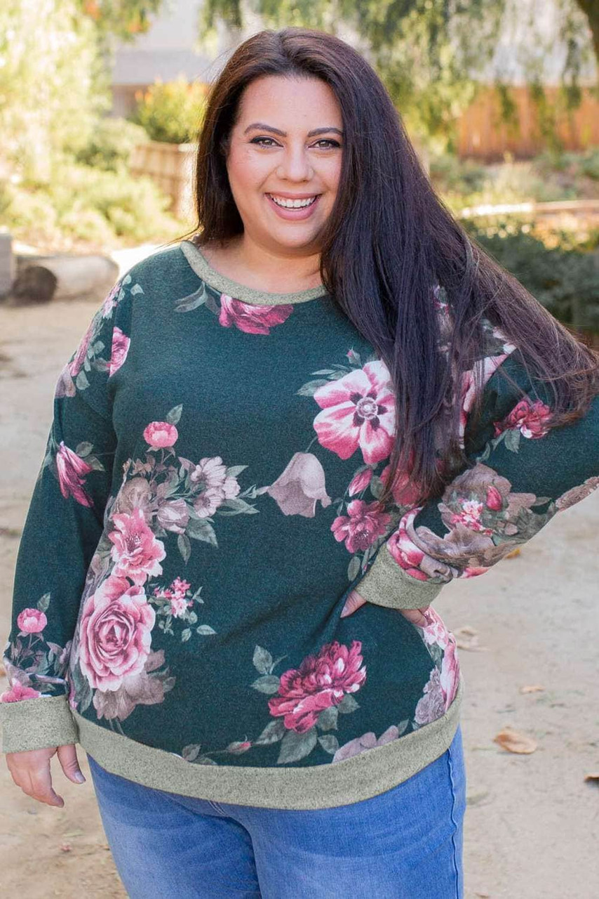 Green Floral Print Plus Size Pullover Sweatshirt