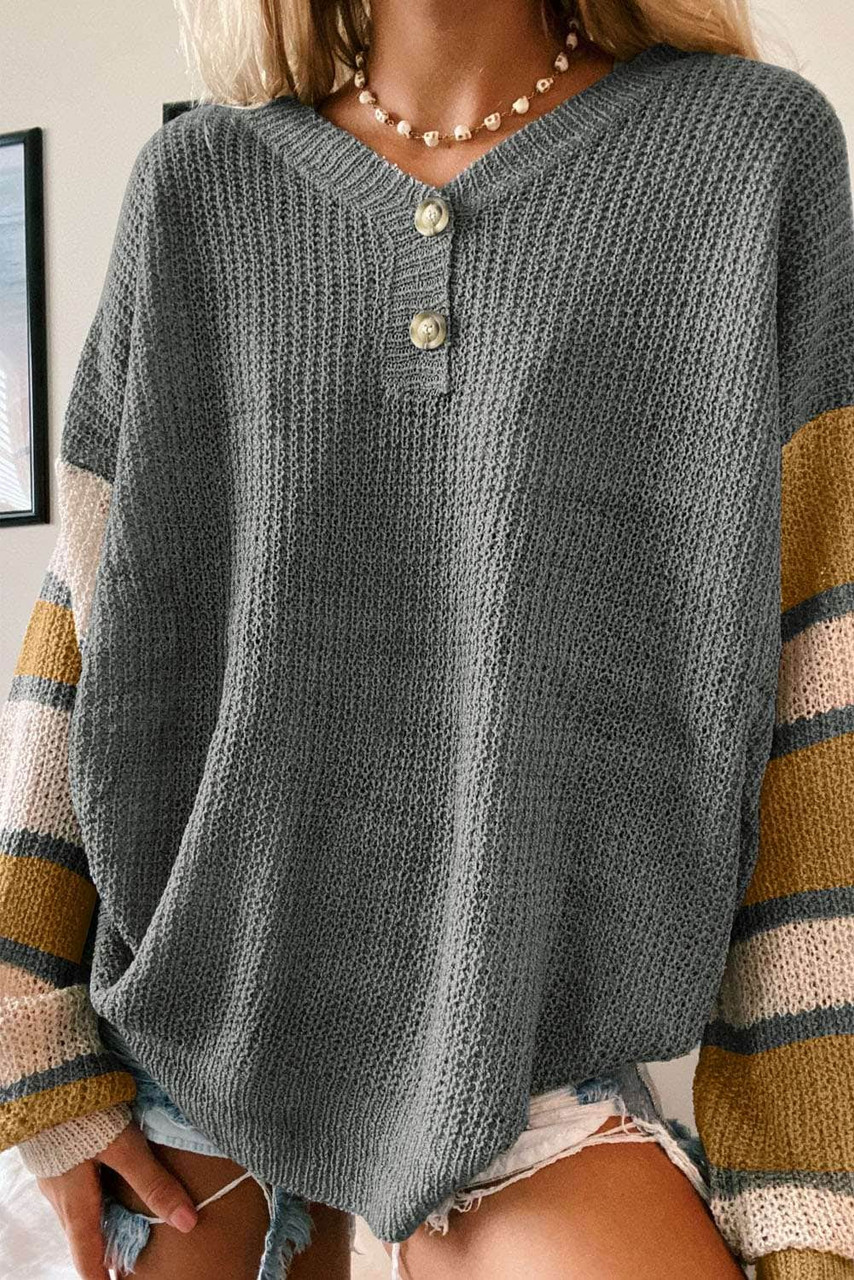 Gray Striped Raglan Sleeve Drop Shoulder Sweater