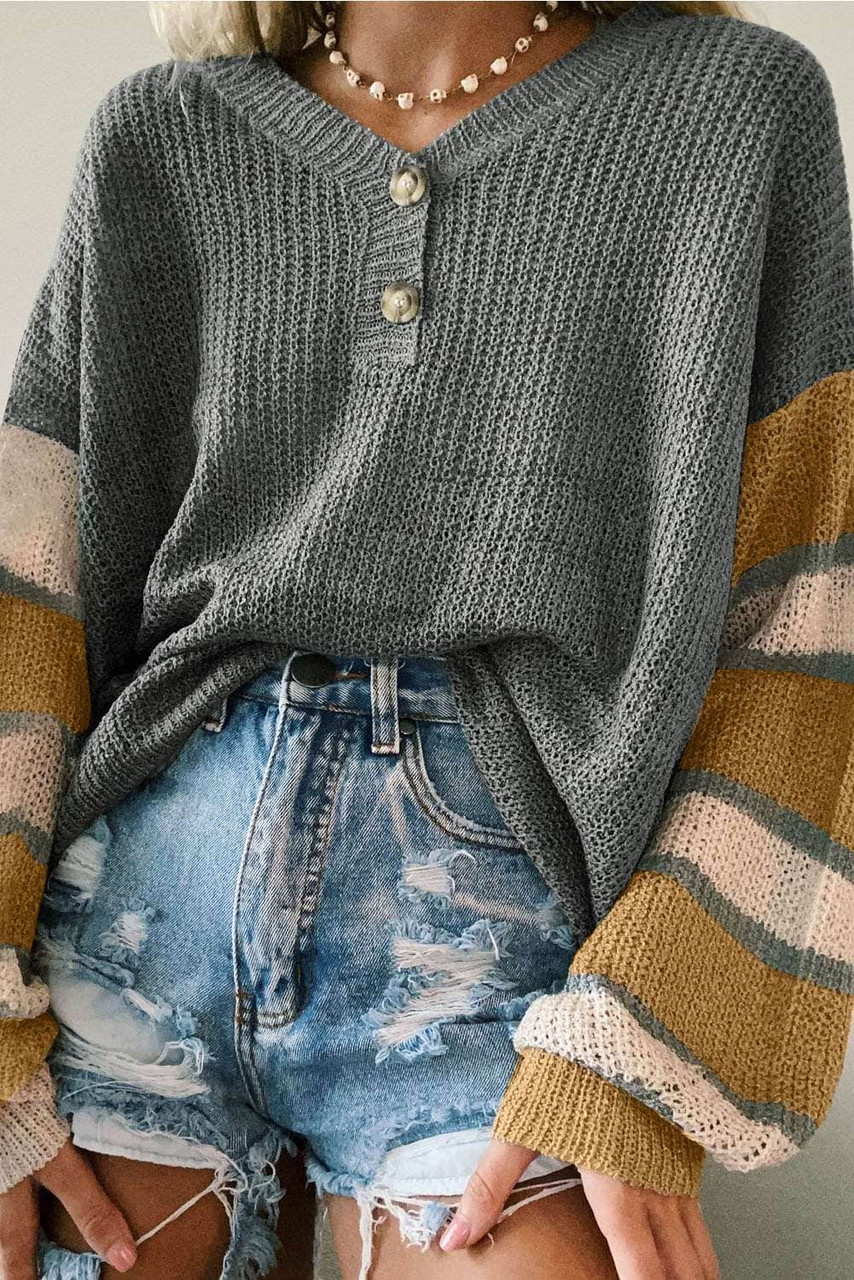 Gray Striped Raglan Sleeve Drop Shoulder Sweater