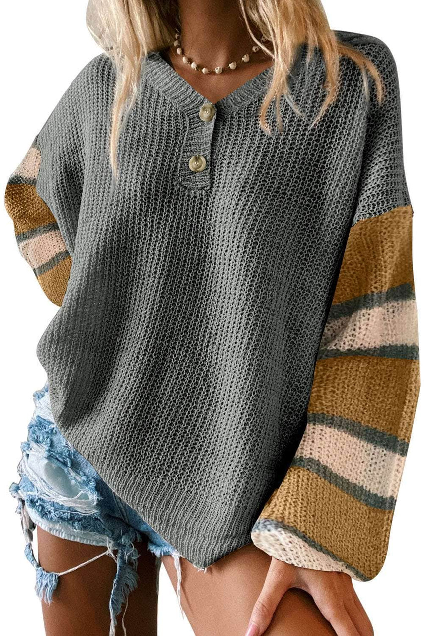 Gray Striped Raglan Sleeve Drop Shoulder Sweater