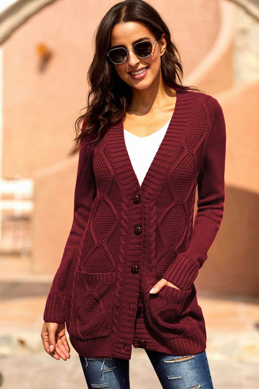Burgundy Front Pocket and Buttons Closure Cardigan