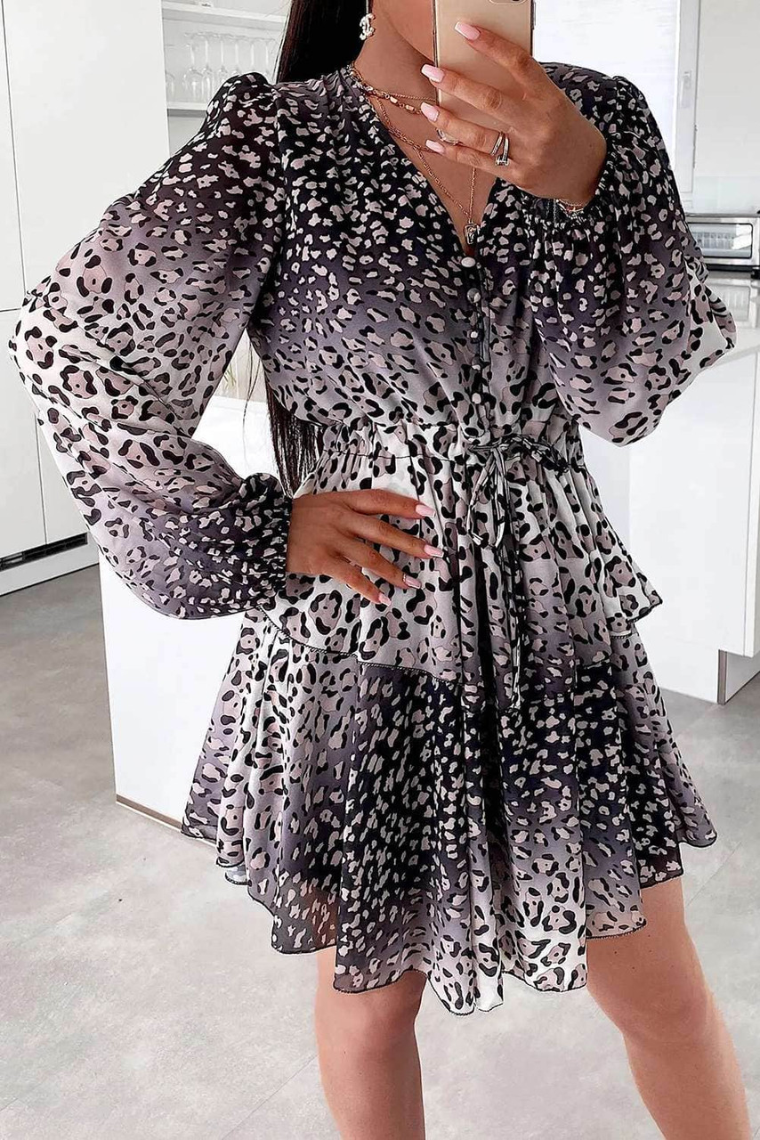 Black Leopard Buttoned Tie Waist Ruffle Puff Sleeve Mini Dress