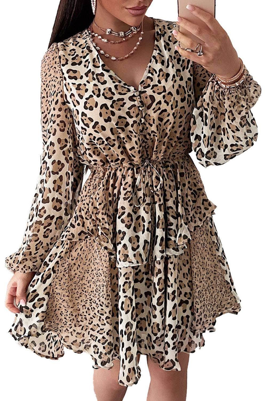 Brown Leopard Buttoned Tie Waist Ruffle Puff Sleeve Mini Dress