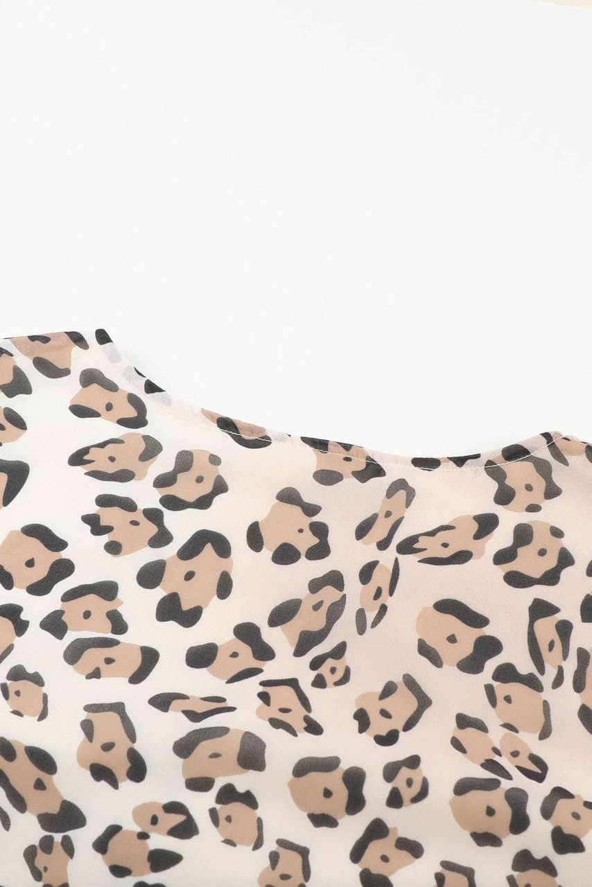 Brown Leopard Buttoned Tie Waist Ruffle Puff Sleeve Mini Dress