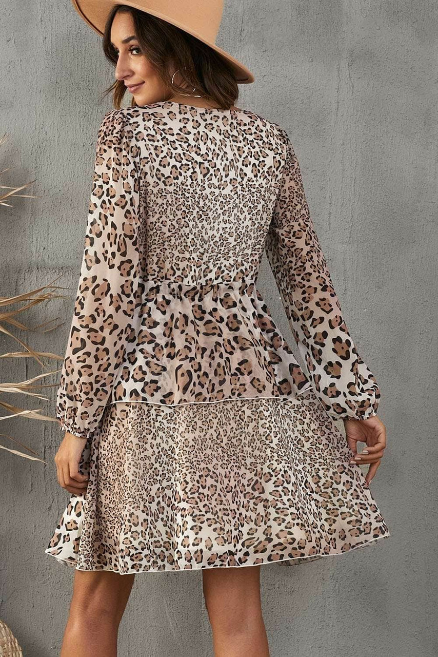 Brown Leopard Buttoned Tie Waist Ruffle Puff Sleeve Mini Dress