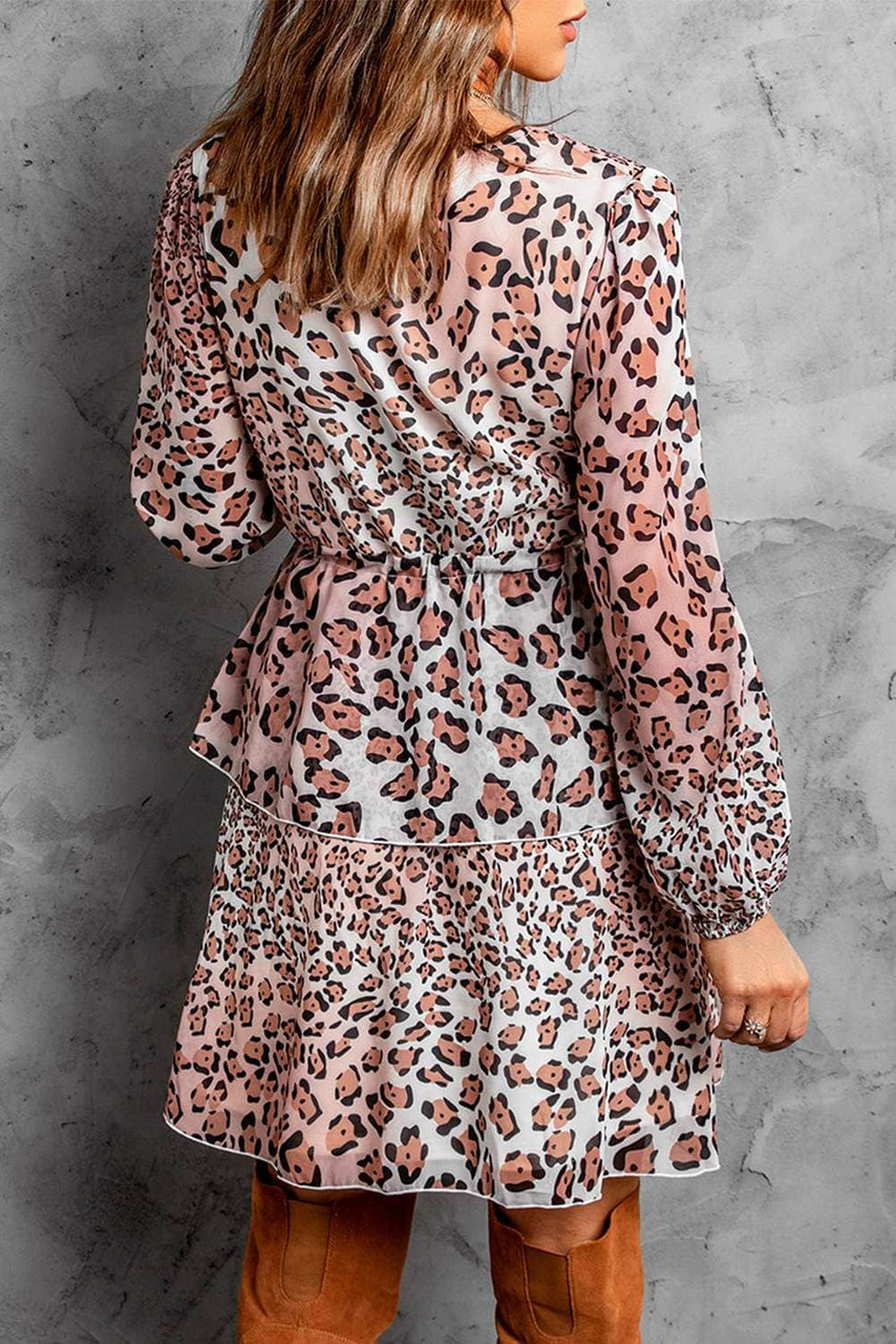 Brown Leopard Buttoned Tie Waist Ruffle Puff Sleeve Mini Dress